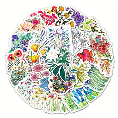 50pcs Flowers Pattern Waterproof Stickers Water Bottles Laptop Scrapbook Luggage
