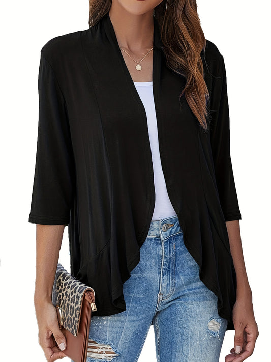  Casual Cardigan Women's Solid Half Sleeve Ruffle Trim Open Front