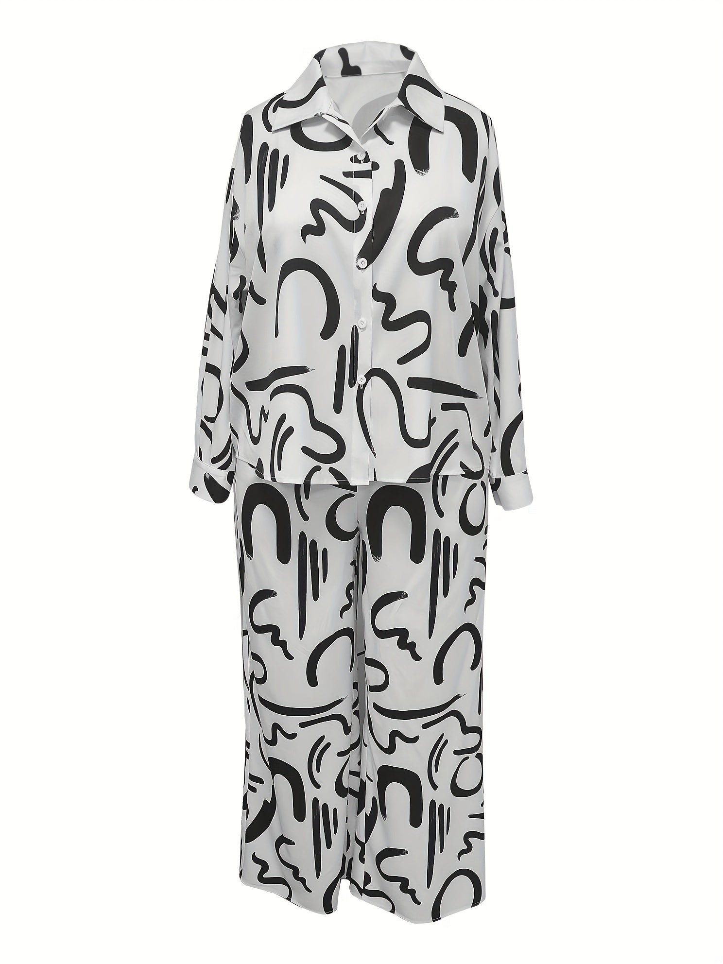  Graffiti Print Long Sleeve Shirt & Pants Set