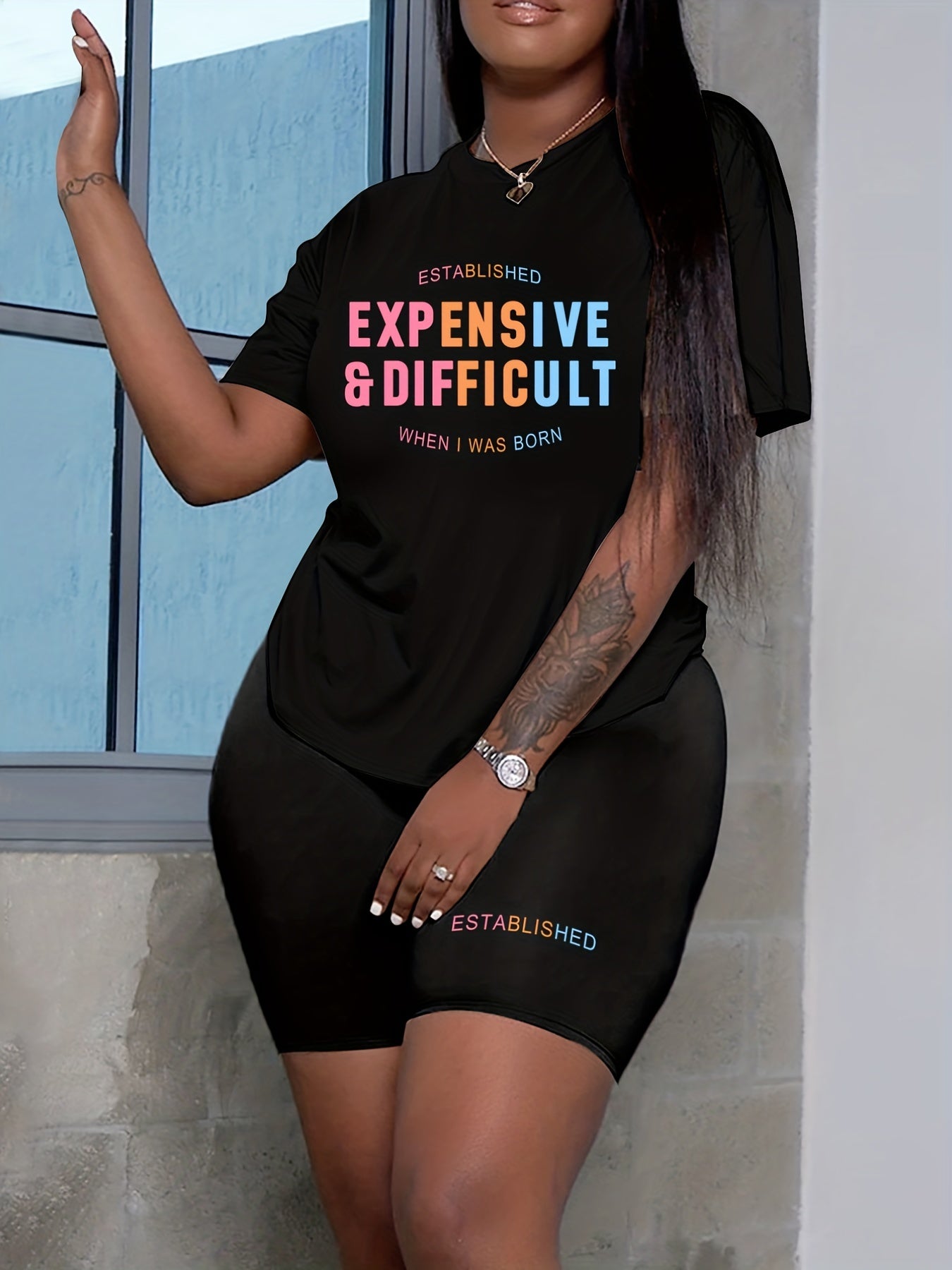  Slogan Print Short Sleeve Top & Shorts Set