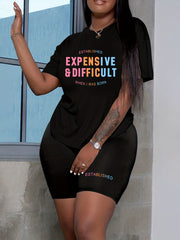  Slogan Print Short Sleeve Top & Shorts Set