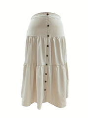  Solid Button High Rise Maxi Smock Skirt