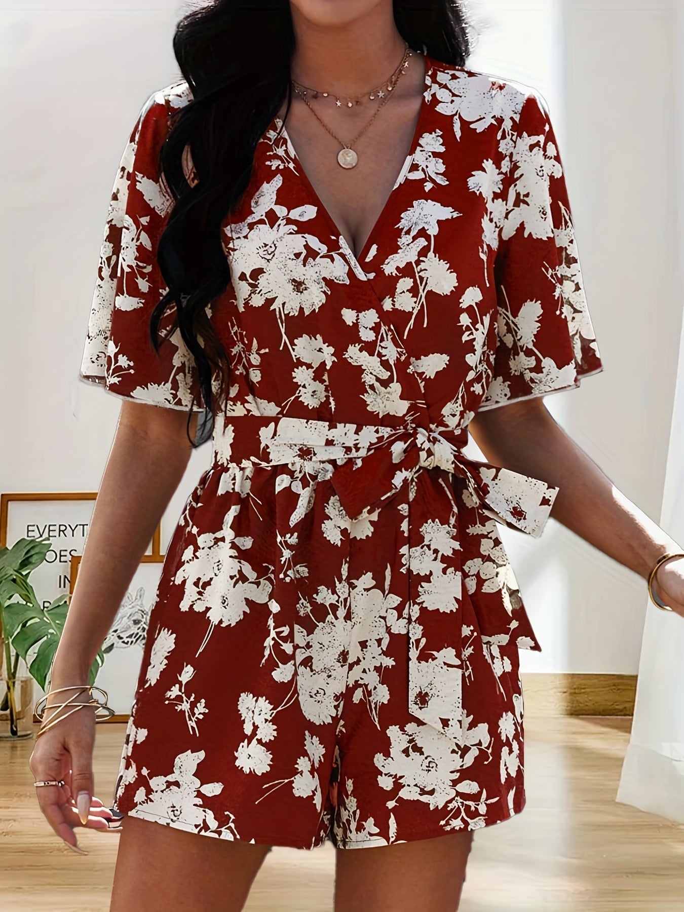 Floral Print V neck Romper Jumpsuit Short Sleeve Women's Clothing