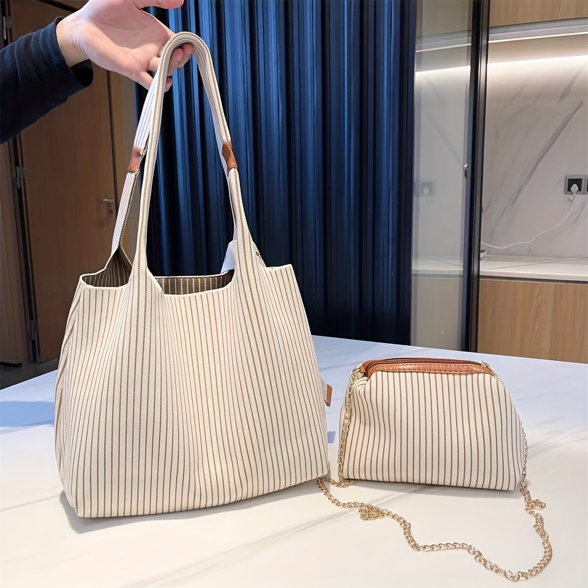 Striped Pattern Shoulder Bag Vintage Knitted Tote Bag