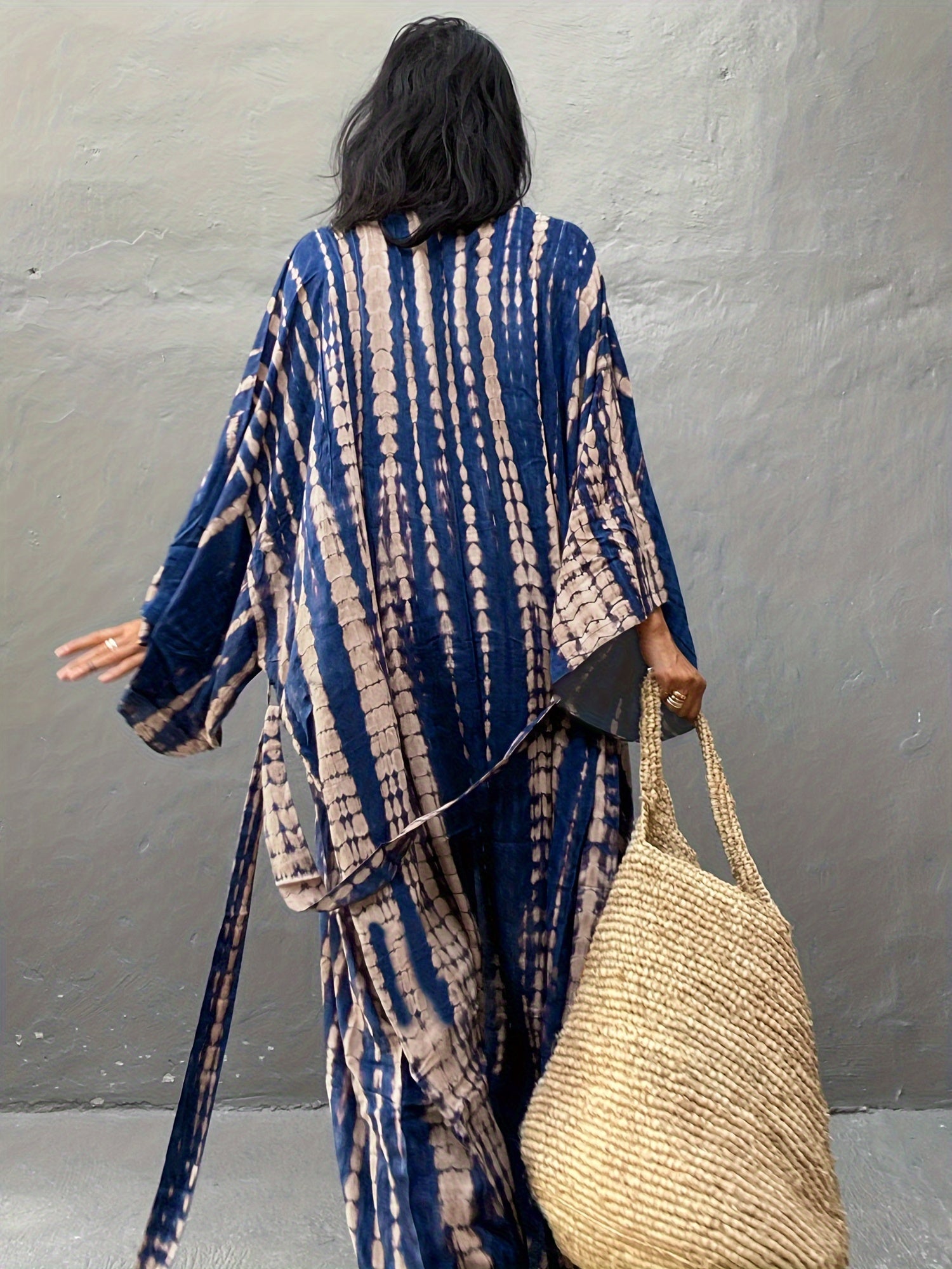 Tie Dye Striped Batwing Sleeve Maxi Beach Cover Up