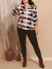  Colorblock Grid Print Roll Up Sleeve Notched Neck Top