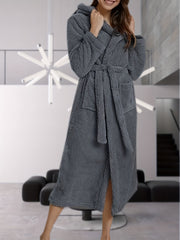  Solid Hooded Fuzzy Fleece Soft Bathrobe With Belt & Pockets