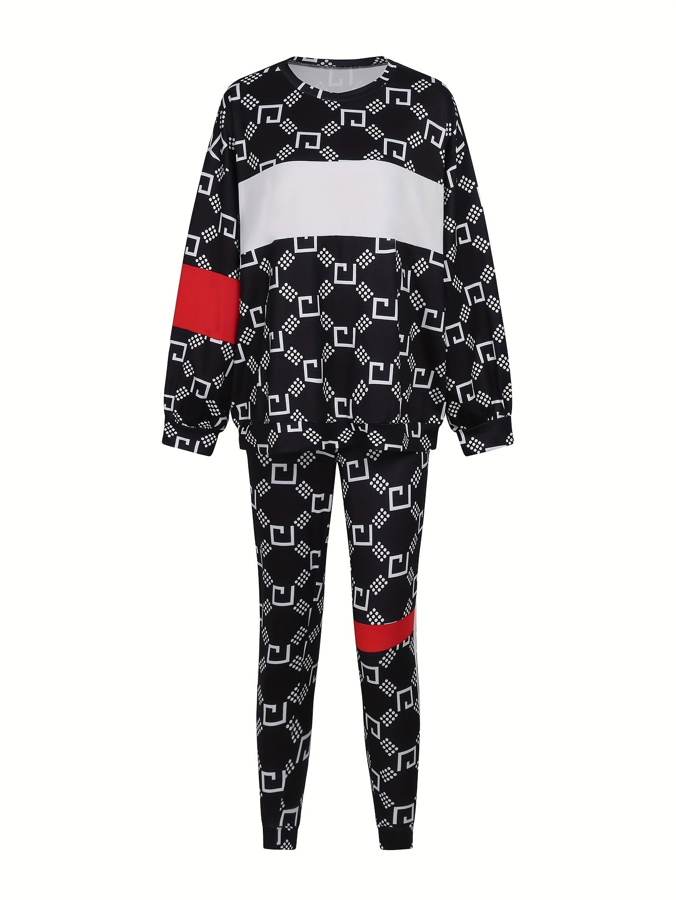  Colorblock Geometric Print Top & Pants Set