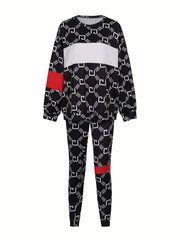  Colorblock Geometric Print Top & Pants Set