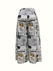 Newspaper Print Wide Leg Trousers High Rise Elastic Waist