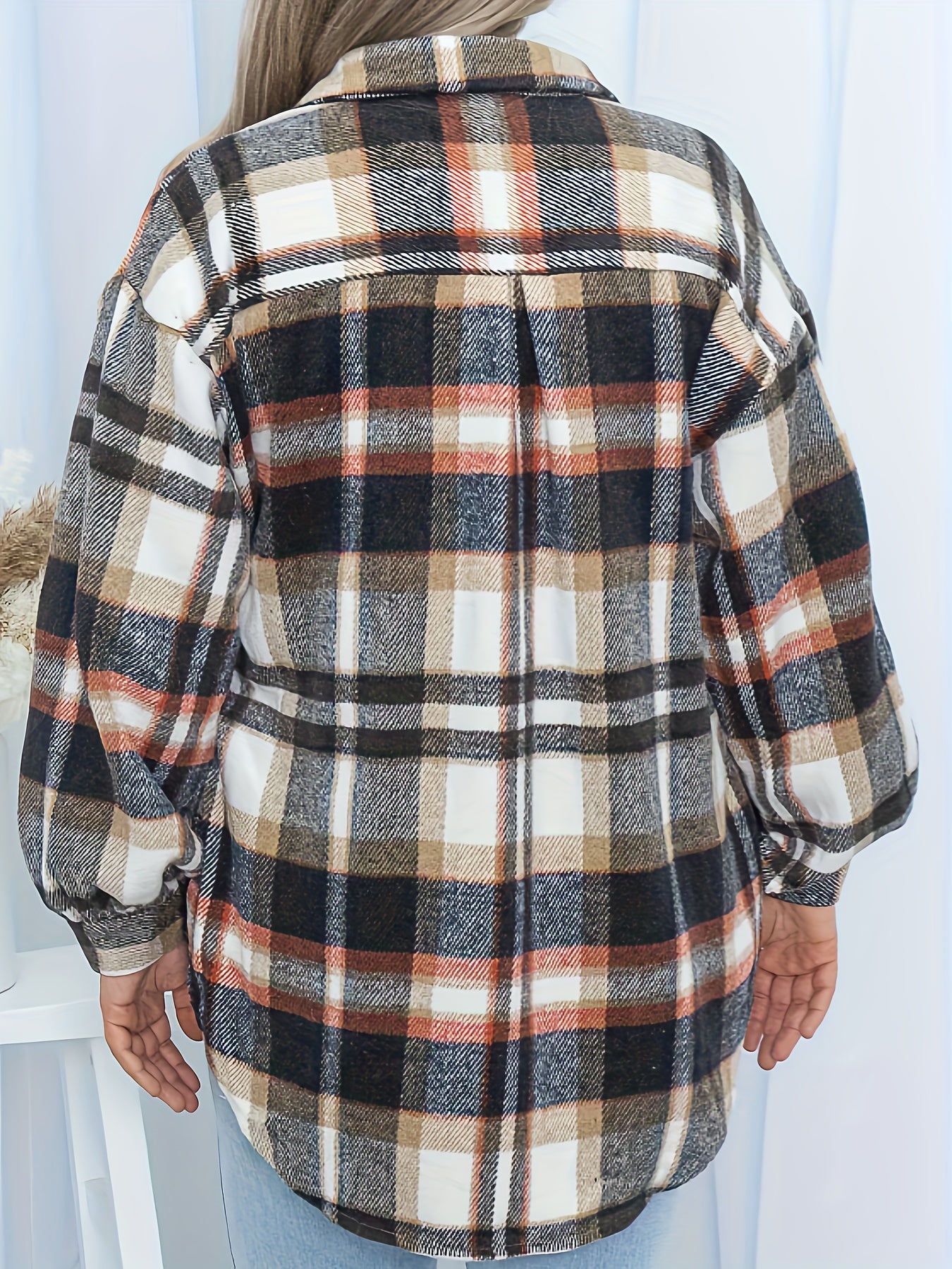  Plaid Print Button Up Long Sleeve Shacket