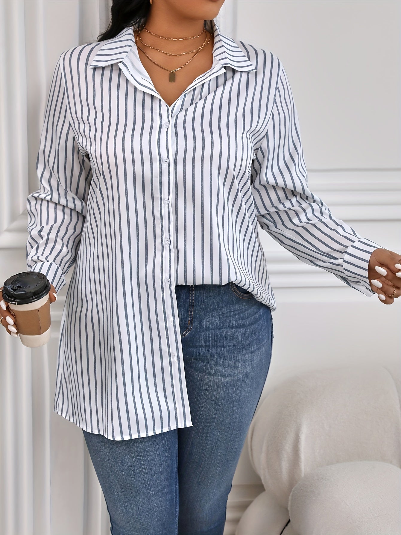 Casual Blouse Women's Plus Stripe Print Long Sleeve Button Up