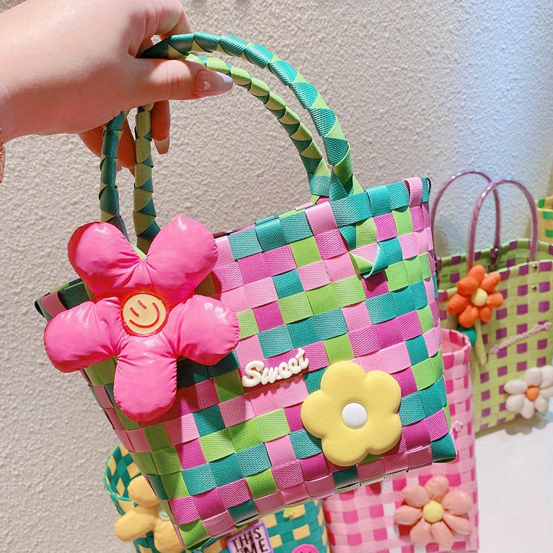 Colorful Plastic Braided Handbag with Flower Decor