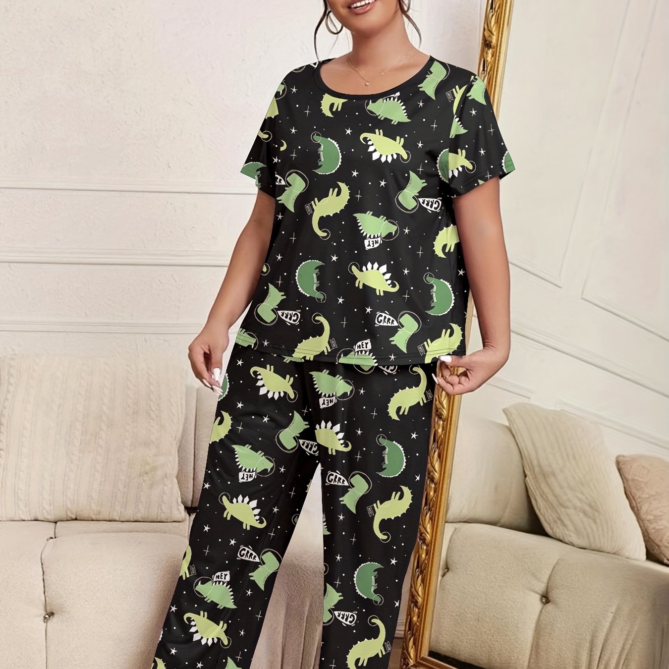  Dinosaur Print Pajamas Set Short Sleeve Tee & Pants Loungewear