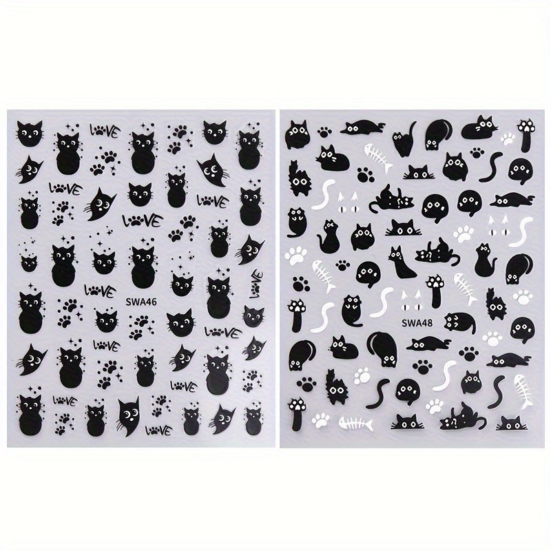 2 Pack Cat Nail Art Stickers Halloween Cartoon Animal Decals DIY Decorations