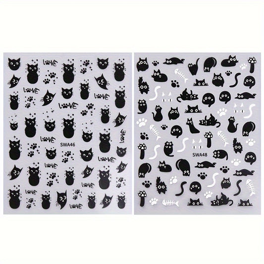 2 Pack Cat Nail Art Stickers Halloween Cartoon Animal Decals DIY Decorations