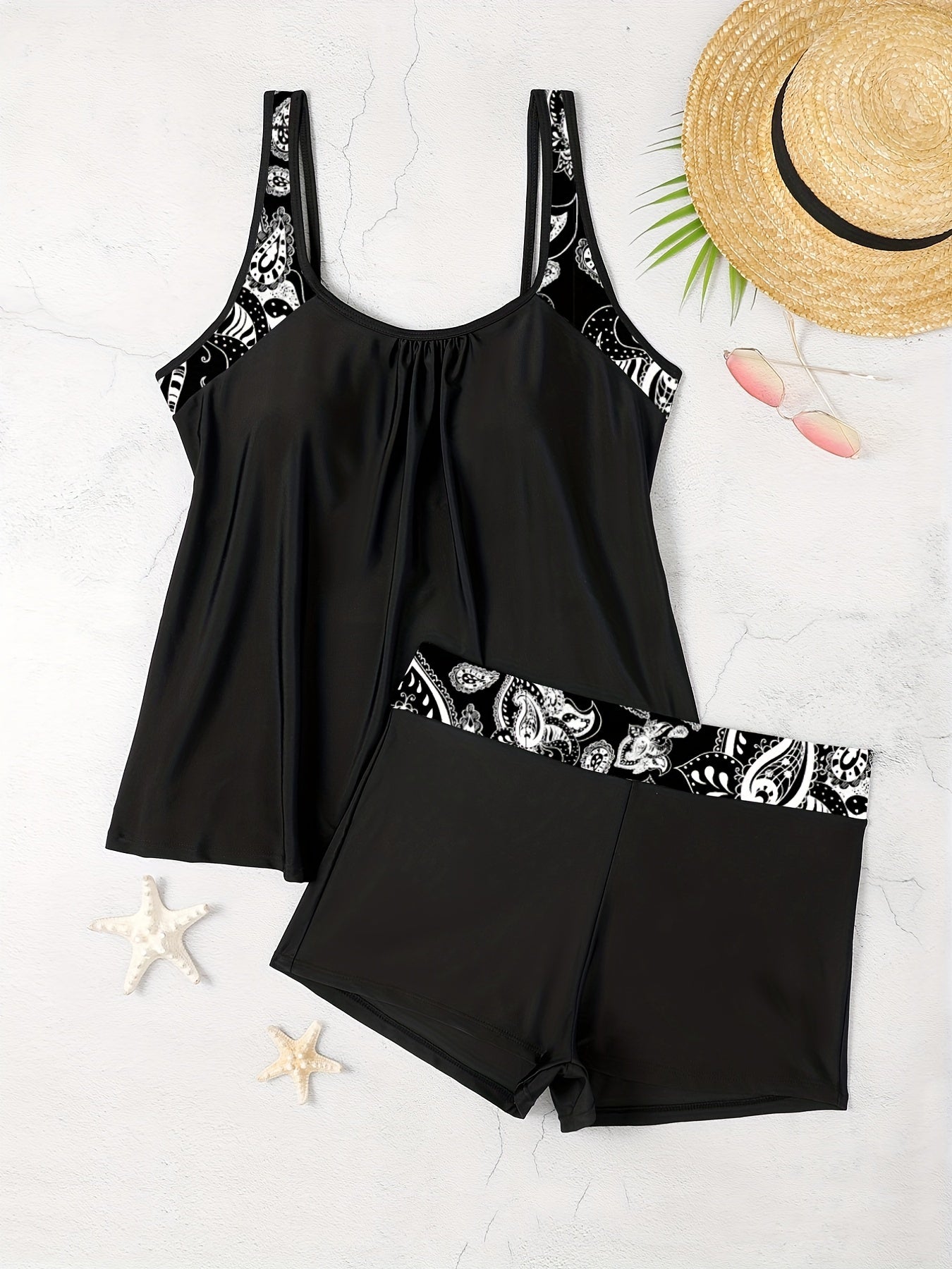  Geometric Tankini Set High Stretch Top & Shorts 2pcs