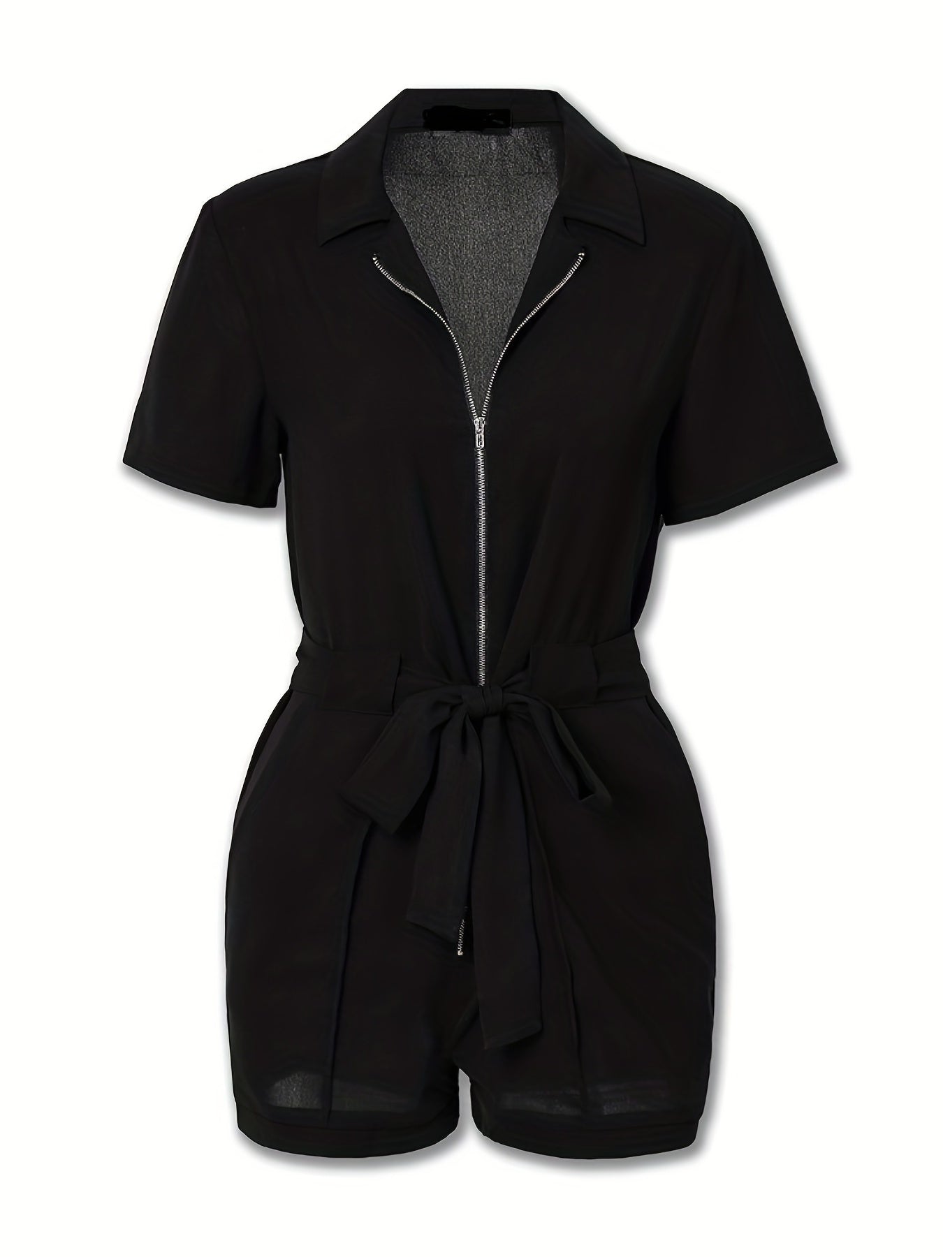  Casual Romper Women's Solid Short Sleeve Romper with Waist Knot