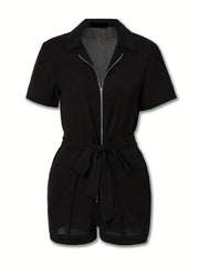  Casual Romper Women's Solid Short Sleeve Romper with Waist Knot