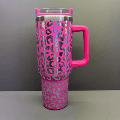 40oz Stainless Steel Insulated Car Cup Leopard Print Handle Straw Hand Wash