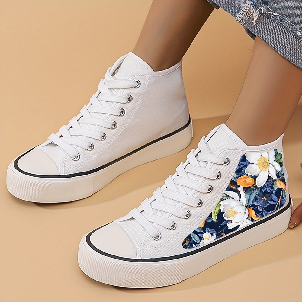 Women's Floral High Top Canvas Sneakers Lightweight Lace Up Board Shoes