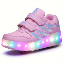Girl's LED Light Up Roller Shoes Hook & Loop Fastener Skate Sneakers