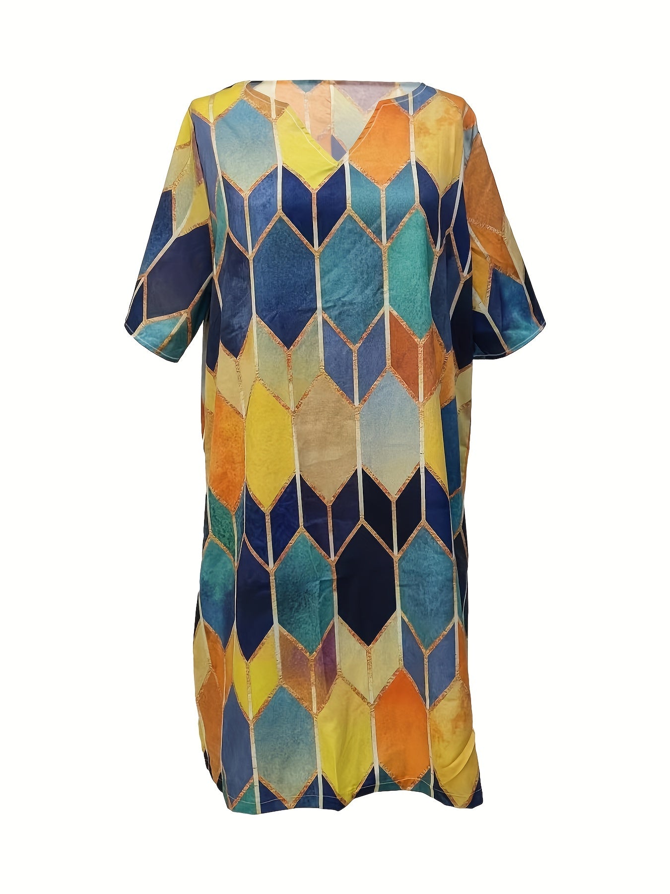  Geometric Print Short Sleeve Notched Neck Dress