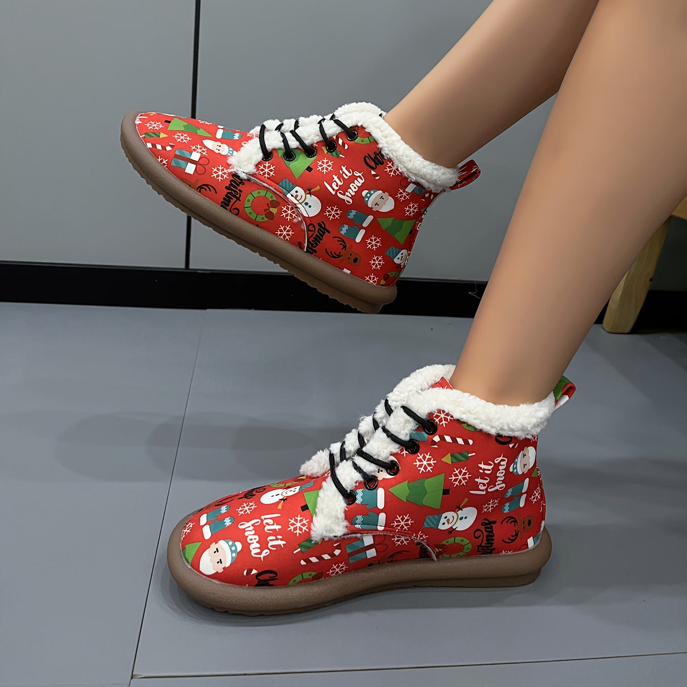 Women's Lace-Up Christmas Snow Boots Fleece-Lined Thermal Ankle Boots
