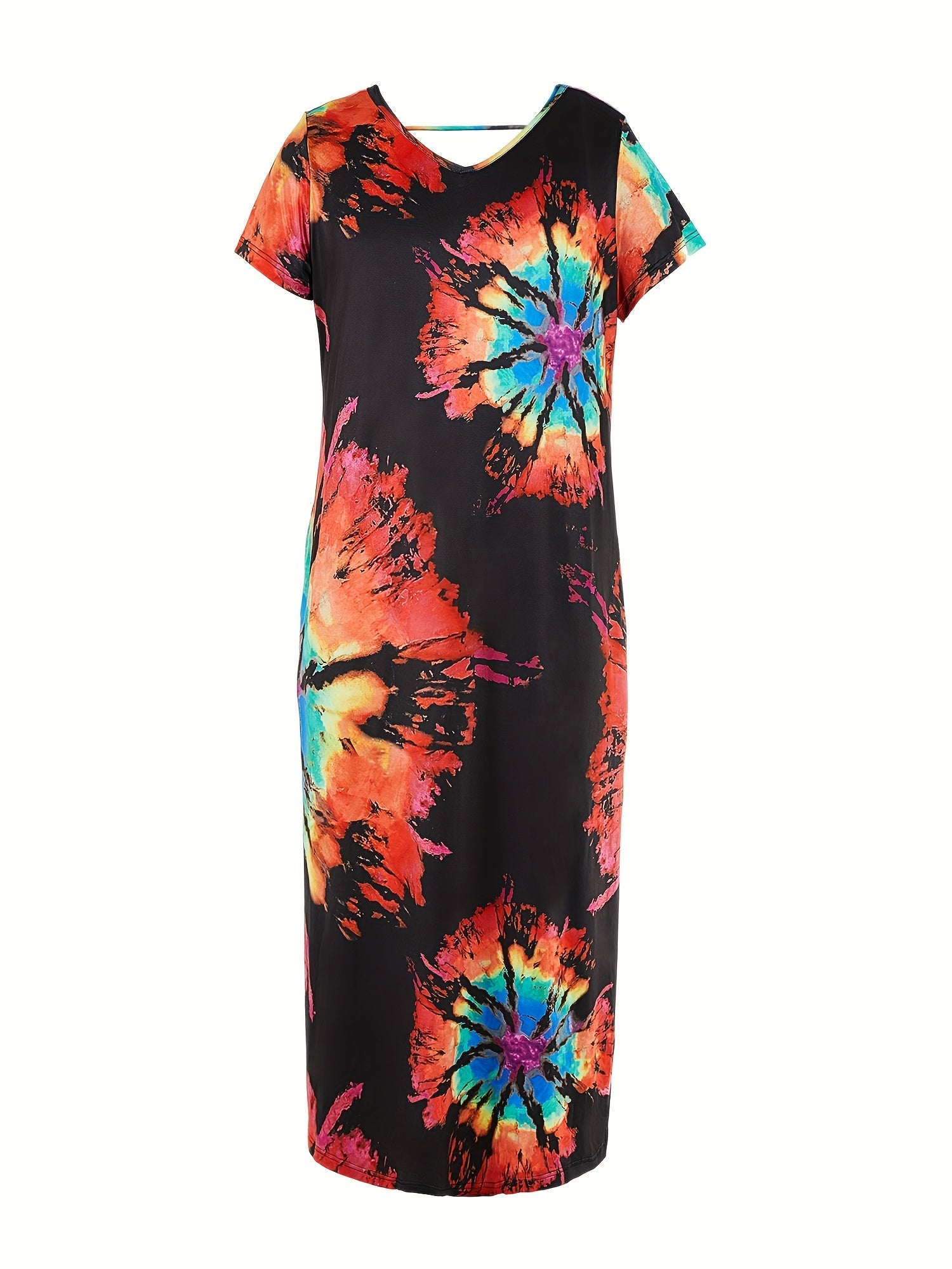 Women's Plus Tie Dye Short Sleeve V Neck Maxi Dress With Pockets