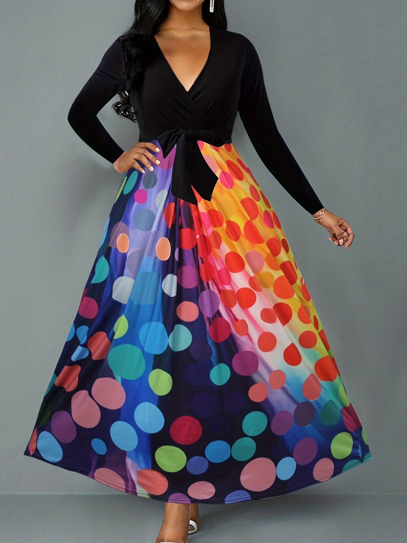  Colorblock Ombre Print Maxi Dress With Belt