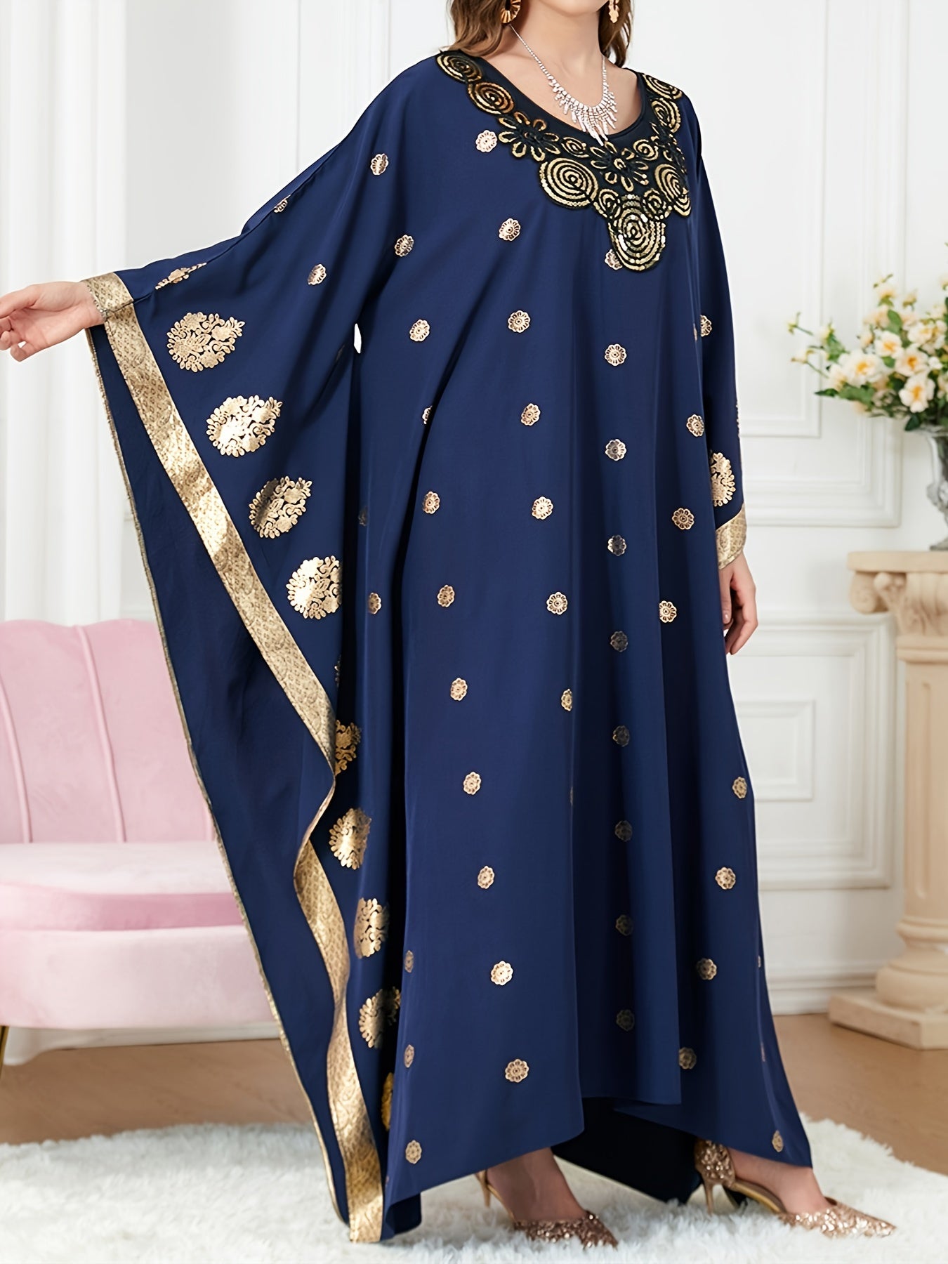  Golden Tribal Print Kaftan Dress V Neck