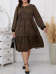  Leopard Print Lantern Sleeve Midi Smock Dress