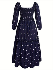  Floral Print Long Sleeve Smock Dress