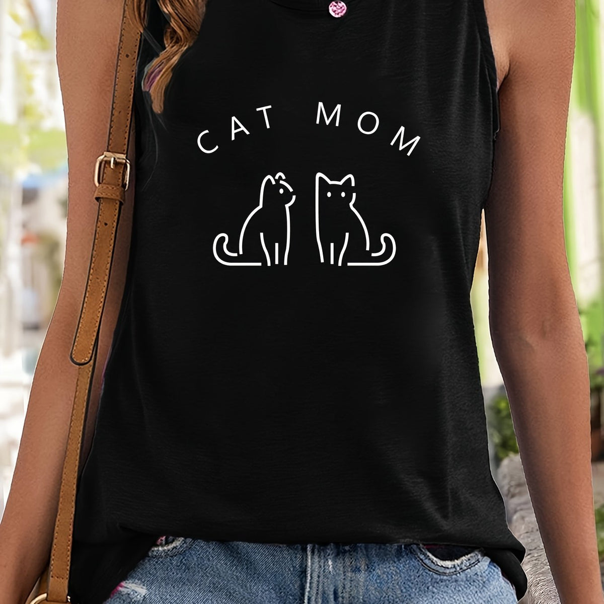 Cat & Letter Print Sleeveless Sports Vest Round Neck Casual Tops
