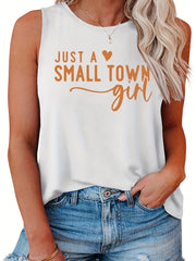  Slogan Print Tank Top Round Neck Stretch Casual Plus Women's