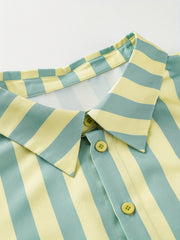  Stripe Print Button Up Blouse & Shorts 2pc Set