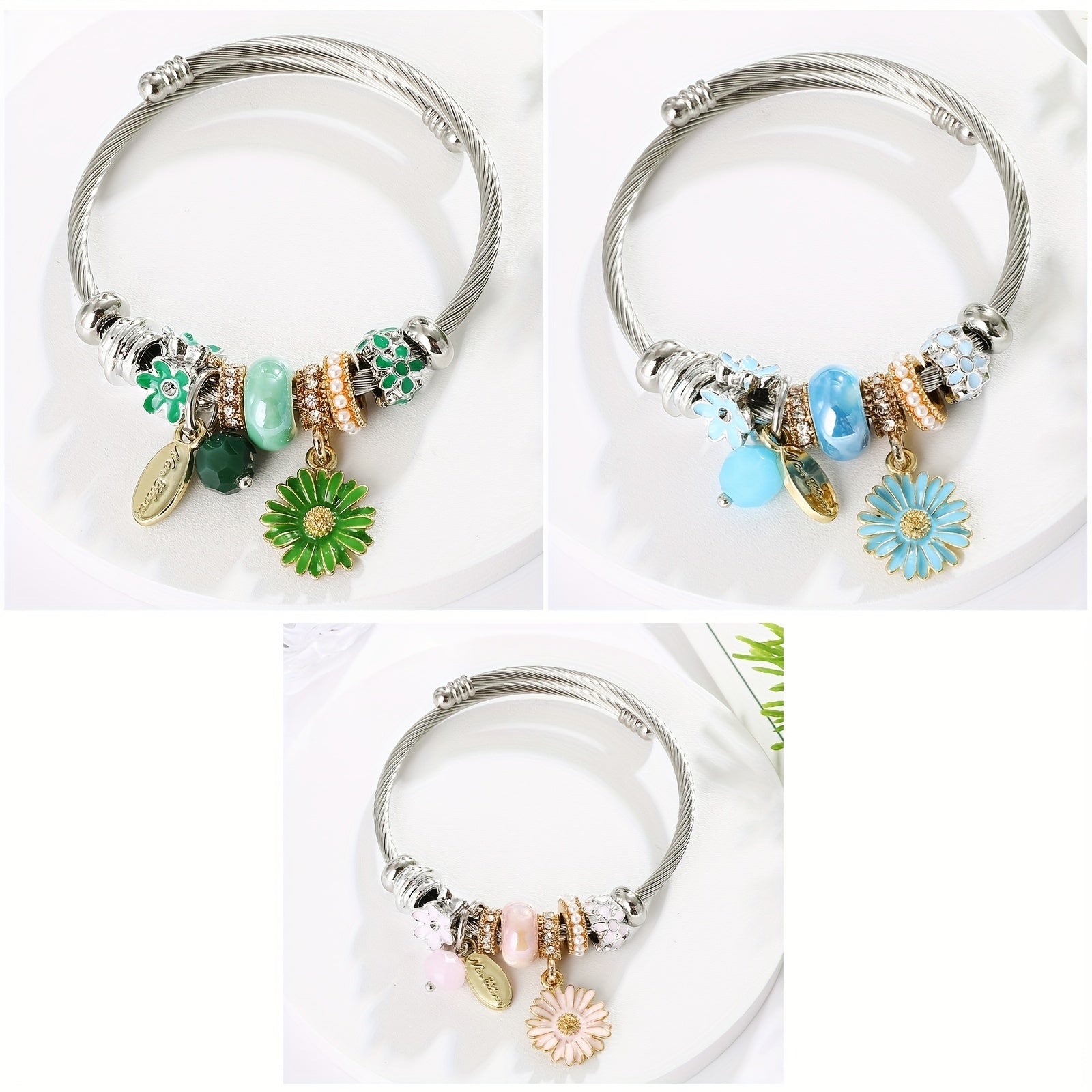 Small Daisy Charm Beaded Bangle Bracelet for Girls