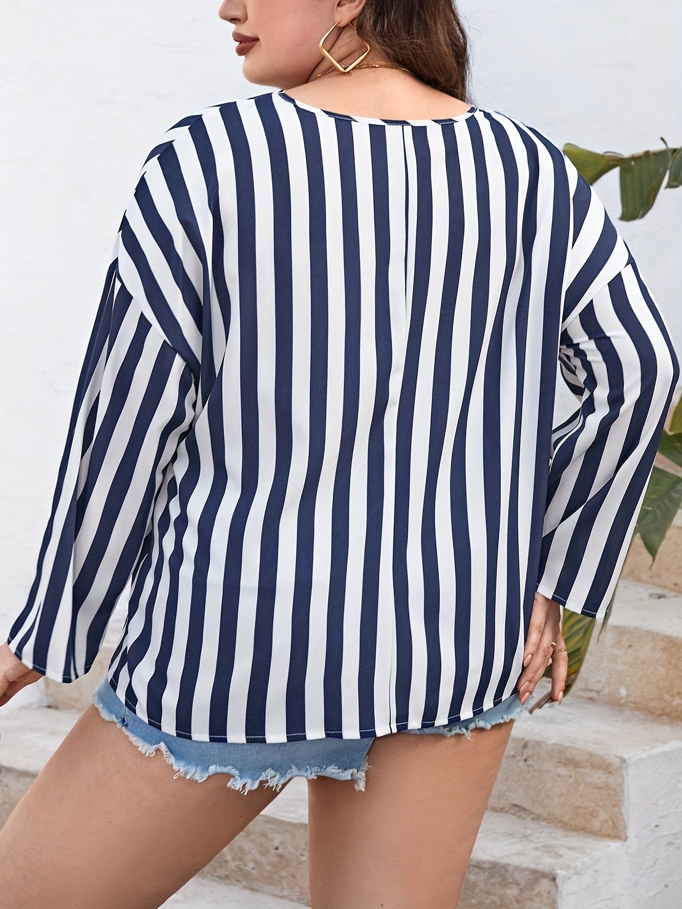  Stripe Print V Neck Blouse