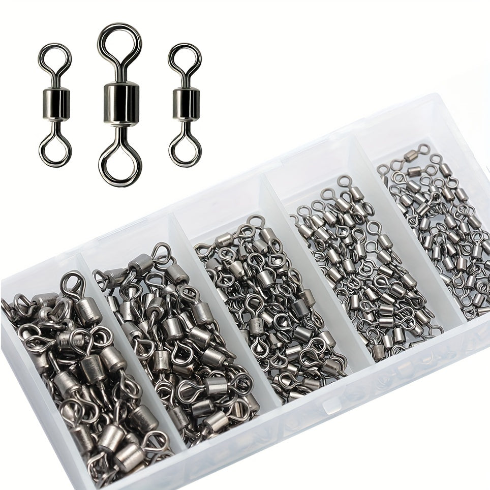250pcs Fishing Rolling Barrel Swivel Line Hook Connector 5 Sizes with Box