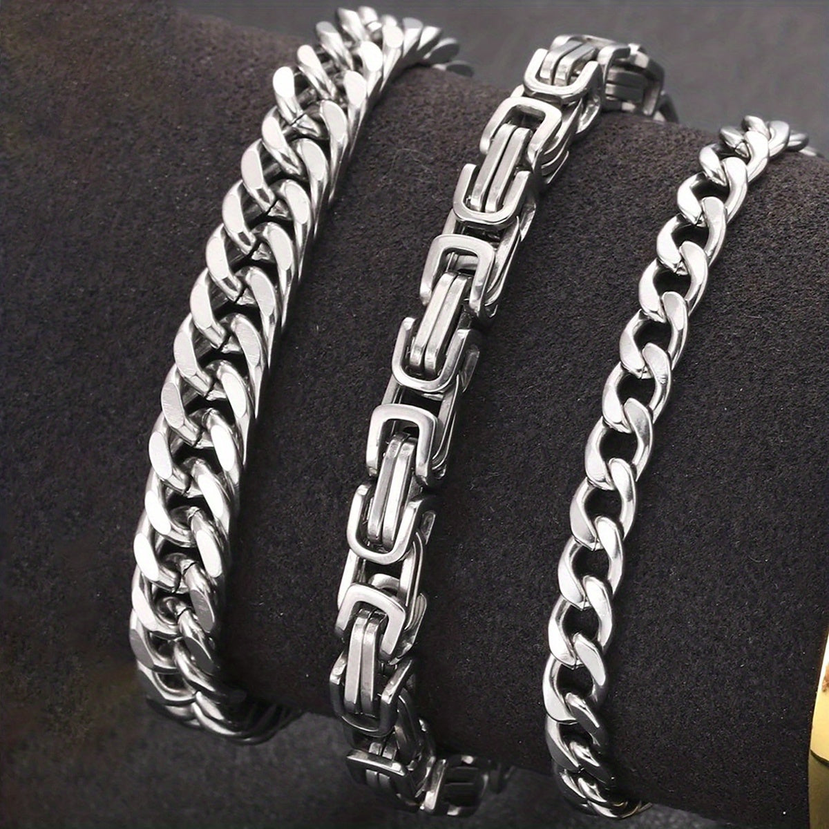 3pcs Silvery Stainless Steel Minimalist Cuban Chain Bracelet Set