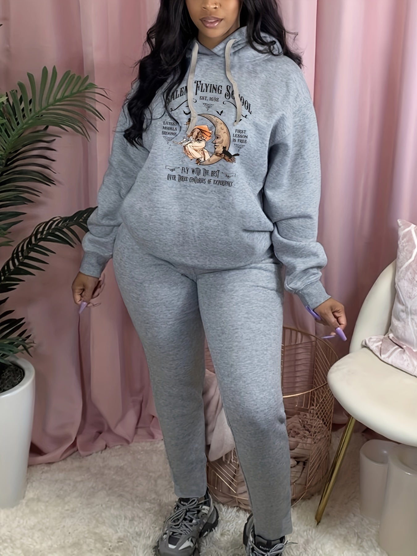 Women's Plus Witch & Moon Print Sweatshirt & Sweatpants Set