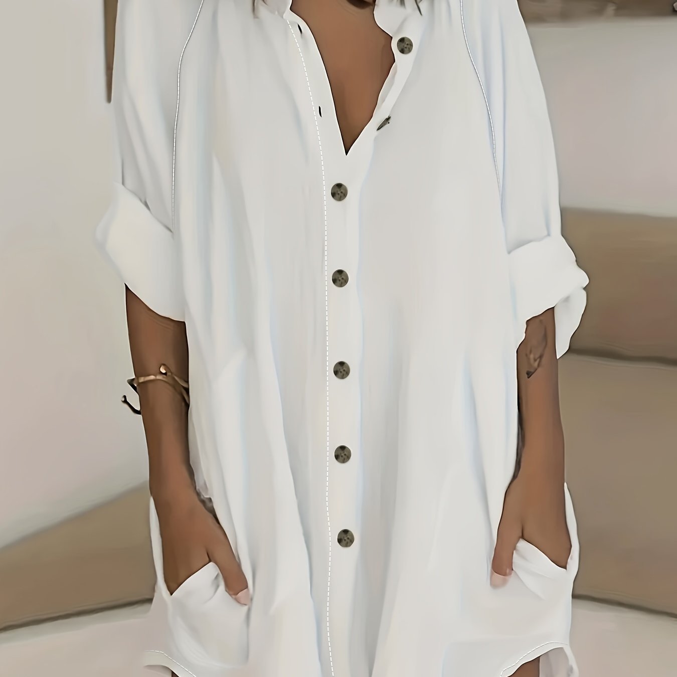  Solid Button Up Long Sleeve Tunic Shirt Top