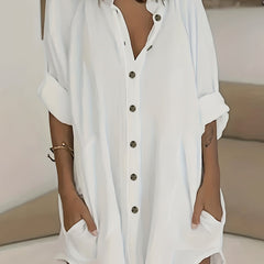  Solid Button Up Long Sleeve Tunic Shirt Top