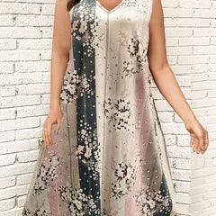  Colorblock Floral Tank Dress V Neck High Stretch