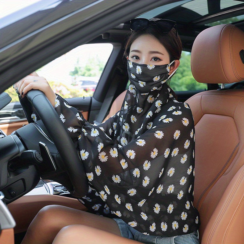 Summer Sun Proof Thin Shawl Floral Print Cape UV Protection Breathable Mask