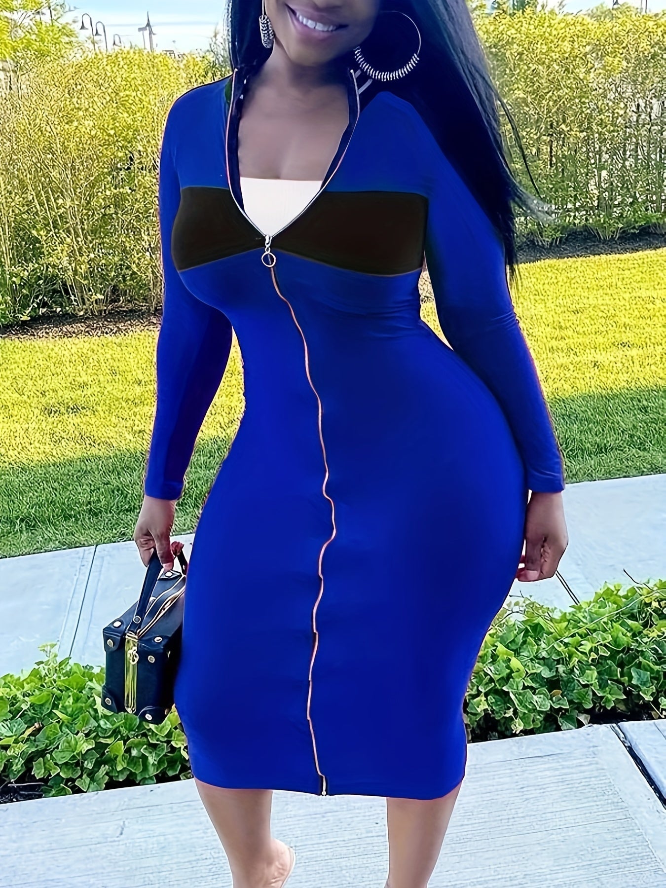  Colorblock Zipper Long Sleeve Bodycon Midi Dress