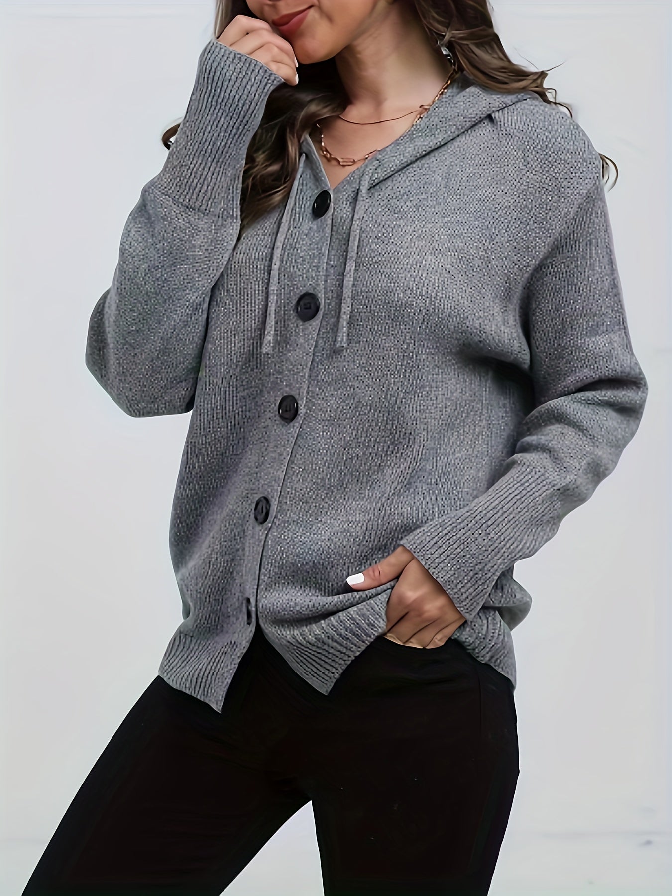  Solid Button Up Hooded Cardigan