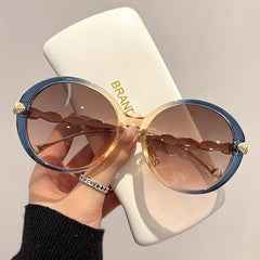 Large Round Sunglasses Metal Leaf Charm Gradient UV400