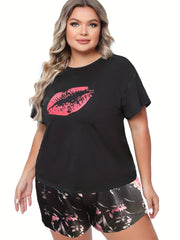  Kiss Print Tee & Satin Floral Shorts Pajama Set