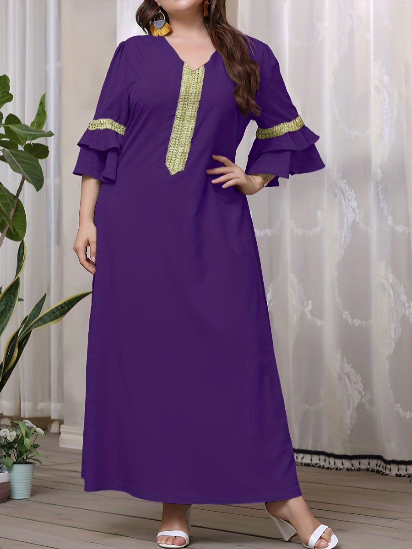  Abaya Dress Women's Plus Contrast Lace Panel Layered Sleeve V Neck Jal